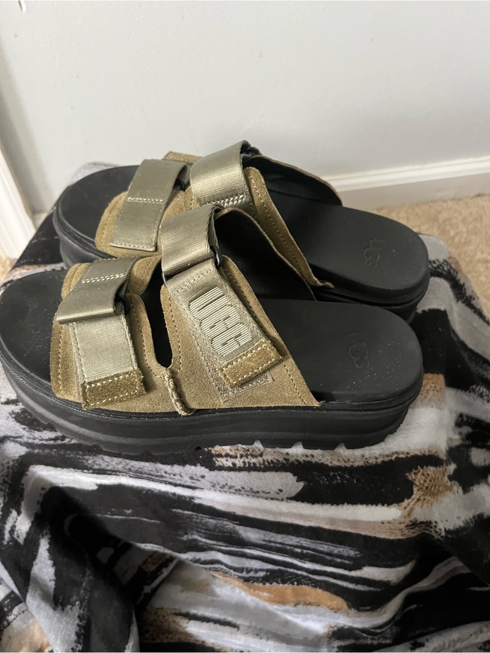 UGG Olive Green Suede Platform Slide Sandals